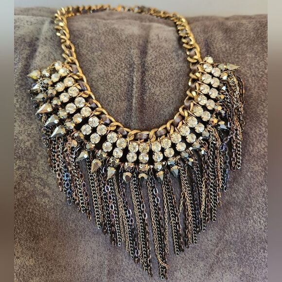 Dramatic Multicolor Black Silver Gold Bib Necklace with Fringe Rhinestones - Picture 3 of 6